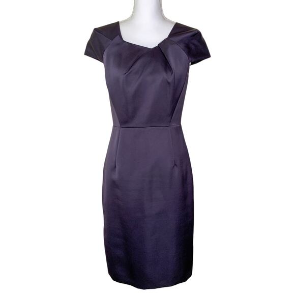 The Fold Finsbury Purple Satin Asymmetric Neck Evening Cocktail Sheath Dress - Picture 3 of 10